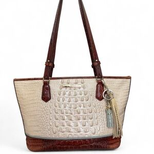 Brahmin Cream and Brown Croc-Embossed Tote